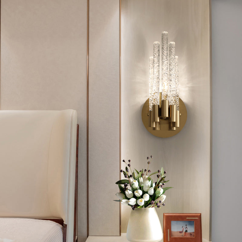 Taavita Tubular Lighting Fixture Simple Style Clear Crystal 2-Head Bedroom Wall Light in Brass