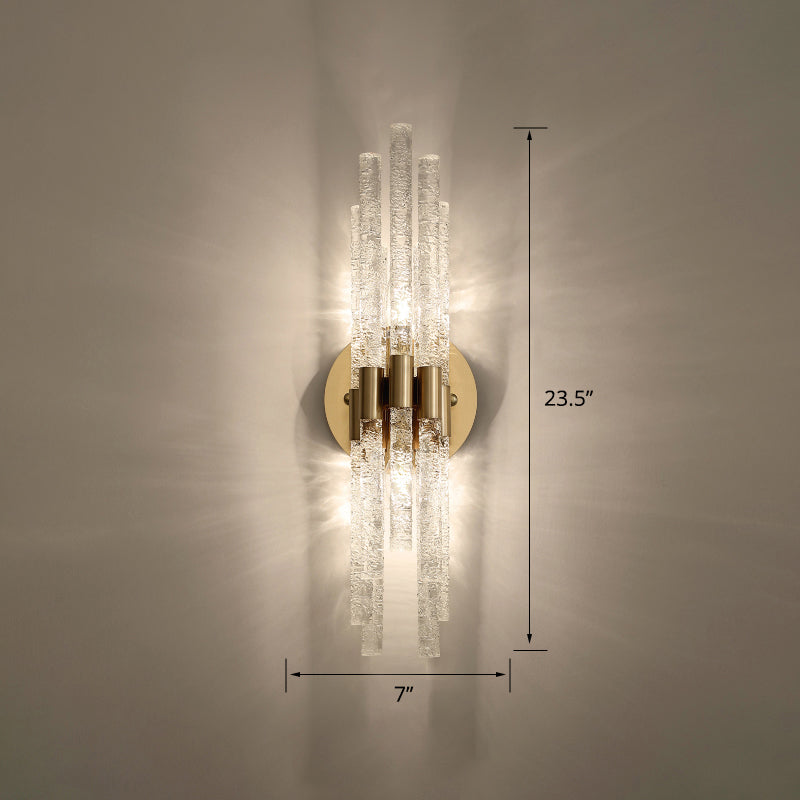 Tubular Sconce Lighting Simple Style Clear Rippled Crystal 2-Head Bedroom Wall Light in Brass Clearhalo 'Cast Iron' 'Glass' 'Industrial' 'Modern wall lights' 'Modern' 'Tiffany' 'Traditional wall lights' 'Wall Lamps & Sconces' 'Wall Lights' Lighting' 2327374