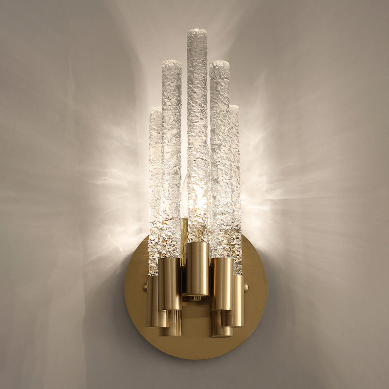 Simple Style Tubular Sconce Lighting with Clear Rippled Crystal - 2-Head Bedroom Wall Light in Taavita