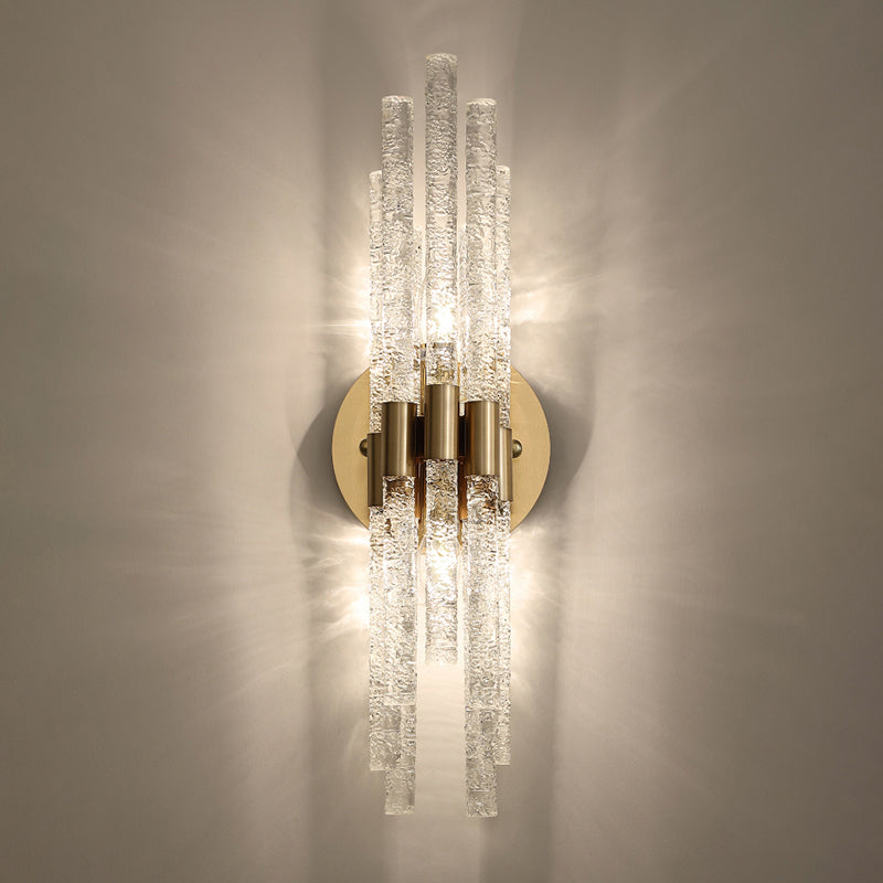 Simple Style Tubular Sconce Lighting with Clear Rippled Crystal - 2-Head Bedroom Wall Light in Taavita