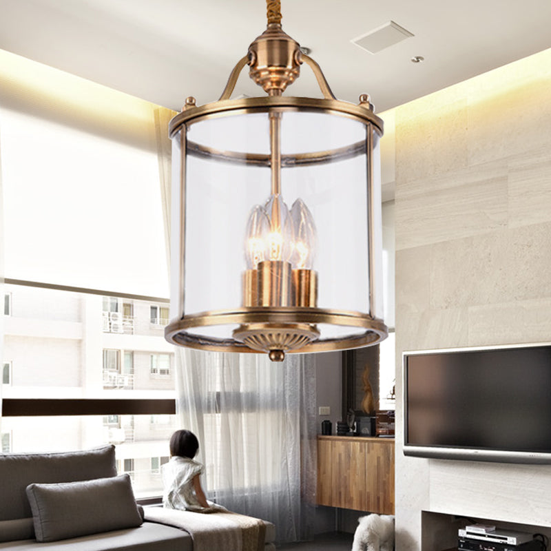 8"/18" Wide Cylindrical Chandelier Lighting Clear Glass Brass 3/5 Bulbs Hanging Ceiling Light