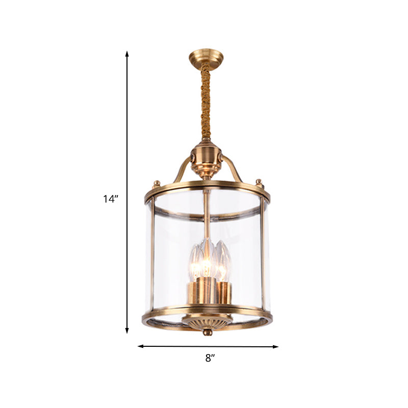 8"/18" Wide Cylindrical Chandelier Lighting Clear Glass Brass 3/5 Bulbs Hanging Ceiling Light
