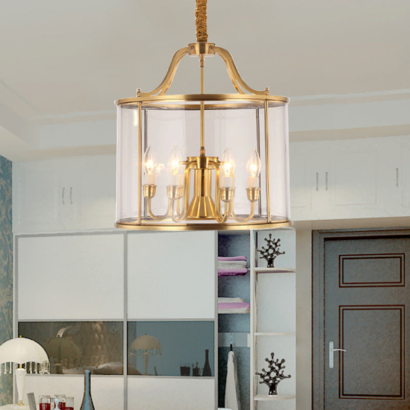 8"/18" Wide Cylindrical Chandelier Lighting Colonial Clear Glass Brass 3/7 Bulbs Hanging Ceiling Light Brass 18" Clearhalo 'Ceiling Lights' 'Chandeliers' 'Glass shade' 'Glass' Lighting' 233616