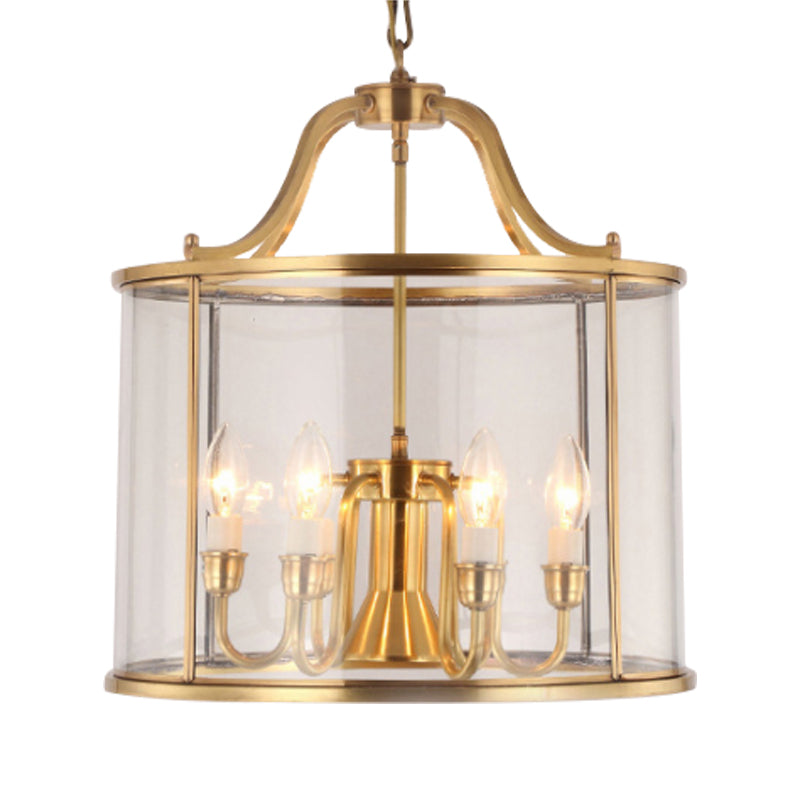 8"/18" Wide Cylindrical Chandelier Lighting Clear Glass Brass 3/5 Bulbs Hanging Ceiling Light