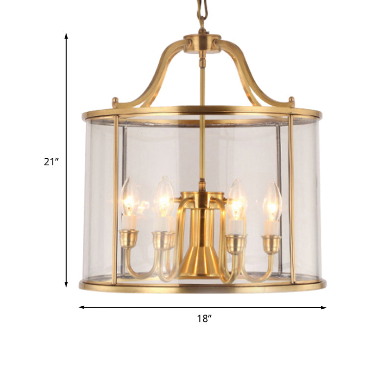 8"/18" Wide Cylindrical Chandelier Lighting Clear Glass Brass 3/5 Bulbs Hanging Ceiling Light