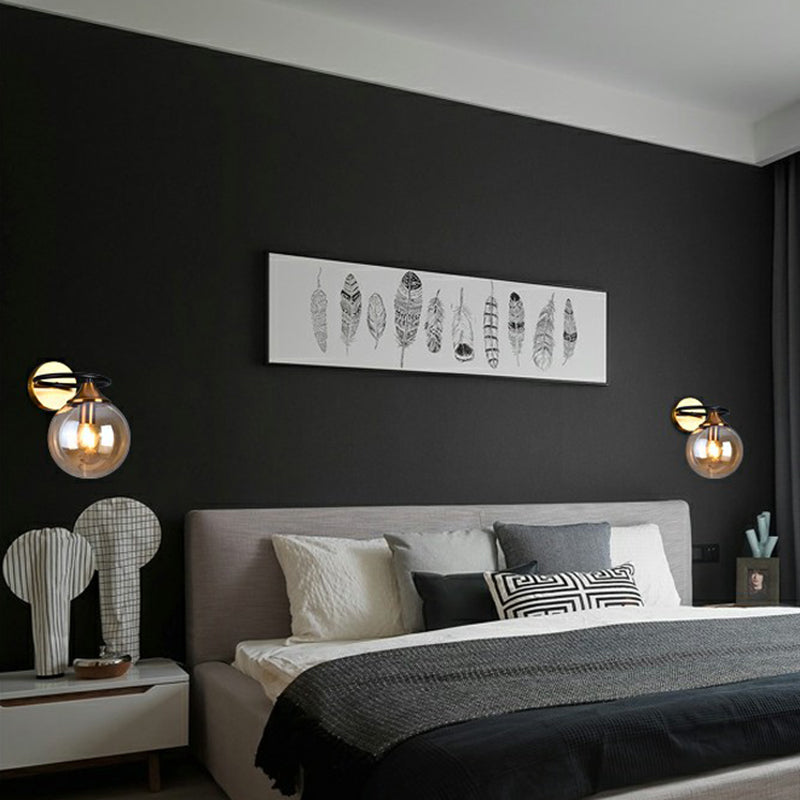 Taavita Kugel Wall Light 1-Light Glass Bedroom Wall Light in Brass, Smoke Gray Amber