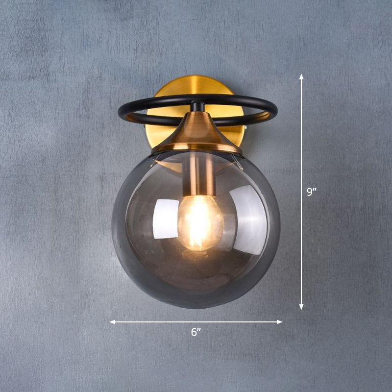 Taavita Postmodern Style 1-Light Ball Wall Sconce Light Fixture with Glass Shade for Bedroom in Brass, Smoke Gray Amber Color