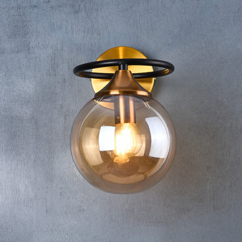 Taavita Postmodern Style 1-Light Ball Wall Sconce Light Fixture with Glass Shade for Bedroom in Brass, Smoke Gray Amber Color