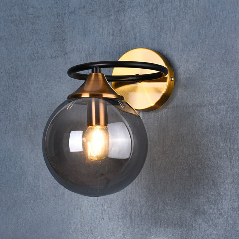Taavita Postmodern Style 1-Light Ball Wall Sconce Light Fixture with Glass Shade for Bedroom in Brass, Smoke Gray Amber Color