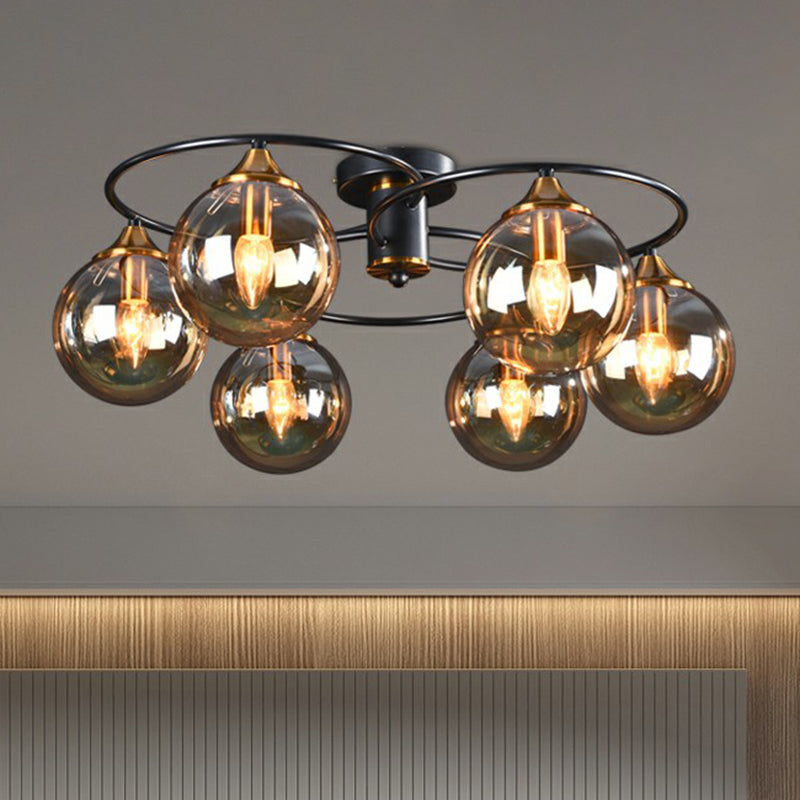 Taavita Semi Flush Chandelier Black and Brass Ball Ceiling Light with Glass Shade - Modern Metal Fixture in Amber Smoke Gray, 4/6/8 Lights, No Bulb Included, E12/E14 Base, 110V-120V/220V-240V, 19 to 20 Inch & Above Sizes