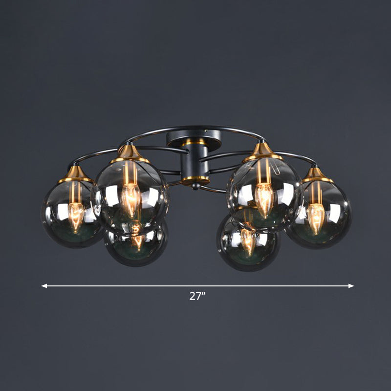 Postmodern Semi Flush Chandelier Black and Brass Ball Ceiling Light with Glass Shade 8 Smoke Gray Clearhalo 'Ceiling Lights' 'Close To Ceiling Lights' 'Close to ceiling' 'Semi-flushmount' Lighting' 2354003