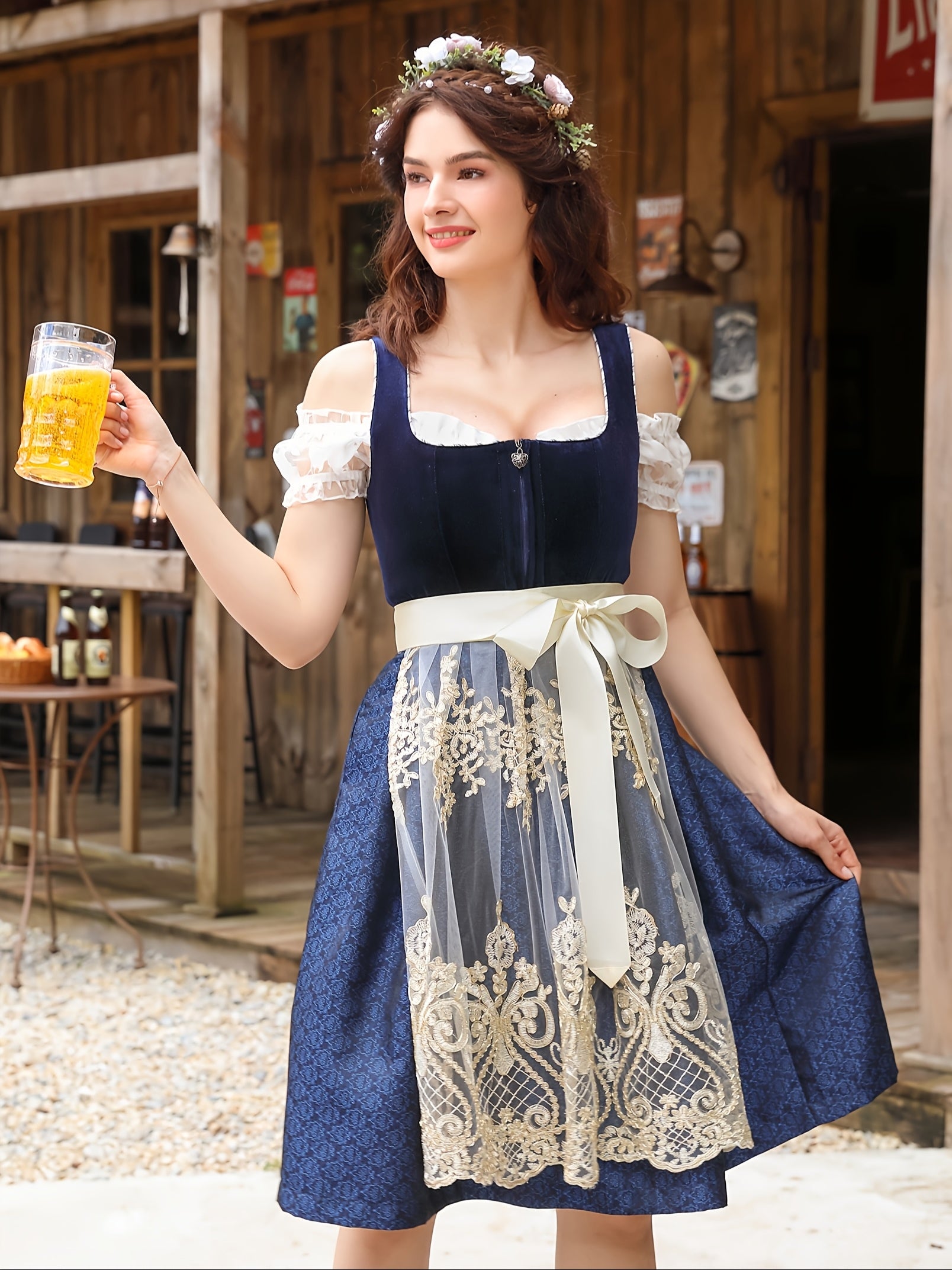 Women's Velvet Oktoberfest Dirndl Dress with Lace Apron and Puff Sleeves