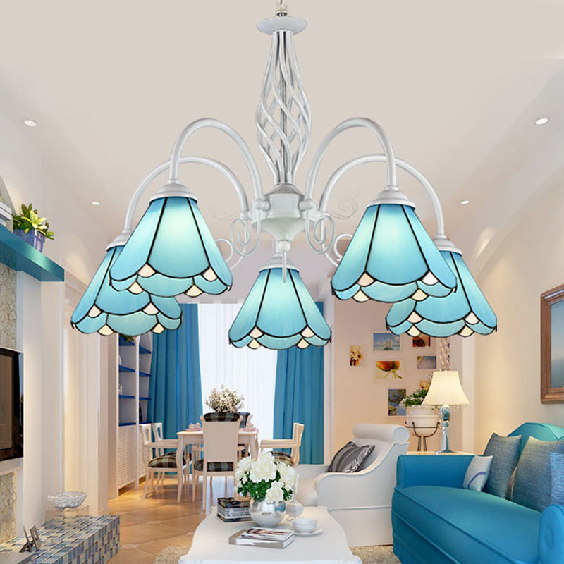 Conical Mediterranean Blue Handcrafted Glass Chandelier with White Arched Arm Hanging Ceiling Light