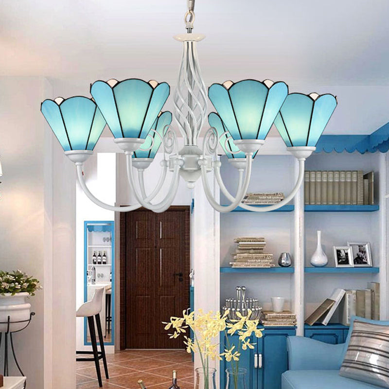 Conical Hanging Ceiling Light Mediterranean Blue Handcrafted Glass Chandelier with White Arched Arm Clearhalo 'Ceiling Lights' 'Chandeliers' 'Close To Ceiling Lights' 'Industrial' 'Middle Century Chandeliers' 'Tiffany Chandeliers' 'Tiffany close to ceiling' 'Tiffany' Lighting' 2389173