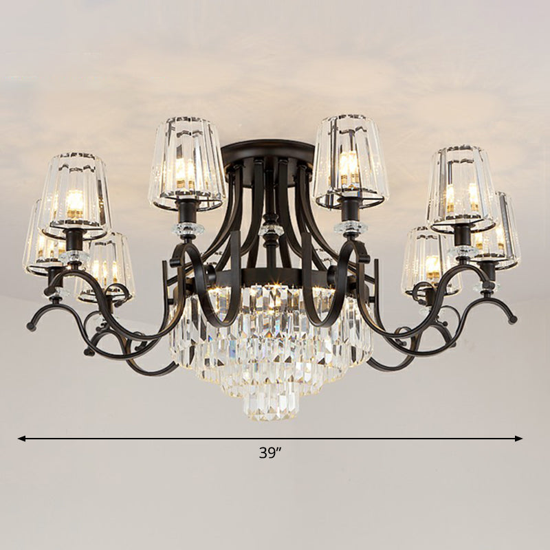 Crystal Conical Semi Flush Mount Lighting Vintage Living Room Ceiling Fixture in Black Clearhalo 'Ceiling Lights' 'Close To Ceiling Lights' 'Close to ceiling' 'Semi-flushmount' Lighting' 2389705