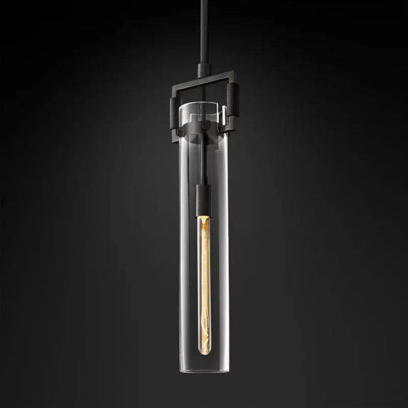 Lorian Glass Cylinder Pendant — Industrial Brass and Glass Lighting Fixture
