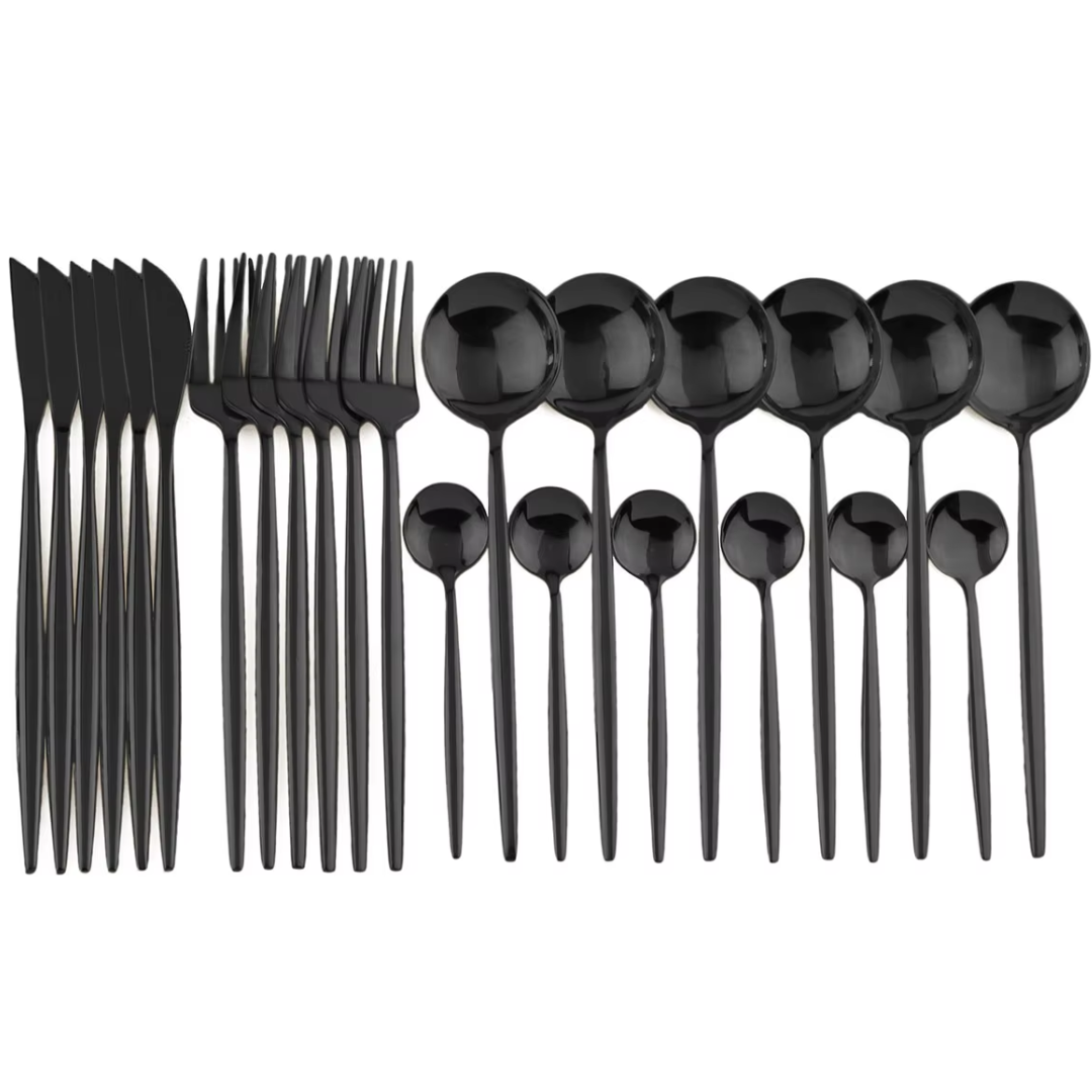 Elegant 24-Piece Black Cutlery Set for Four with Steak Knives