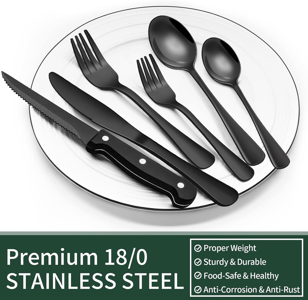 Elegant 24-Piece Black Cutlery Set for Four with Steak Knives