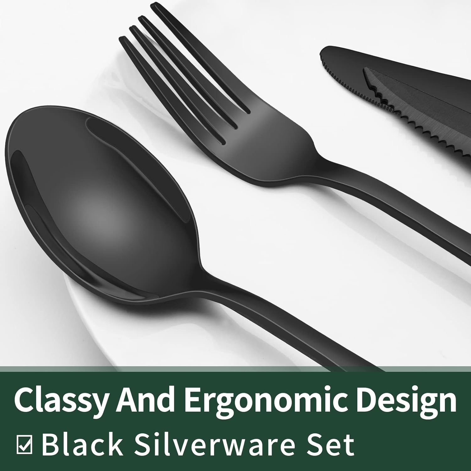 Elegant 24-Piece Black Cutlery Set for Four with Steak Knives