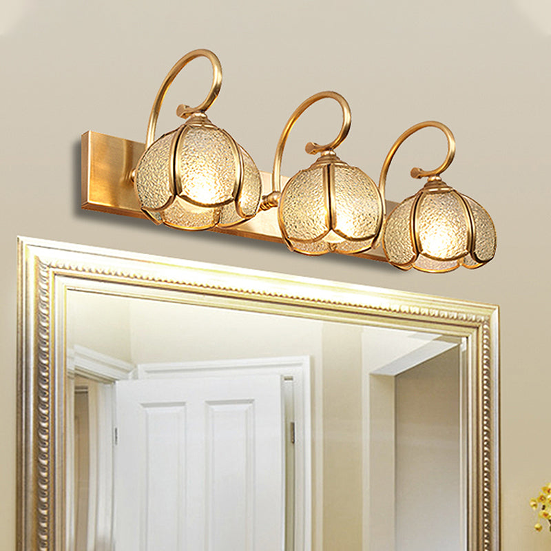 2/3 Bulbs Flower Bar Light Tradition Water Glass Sconce Light Fixture in Brass with Curved Arm Clearhalo 'Vanity Lights' 'Wall Lights' Lighting' 240378