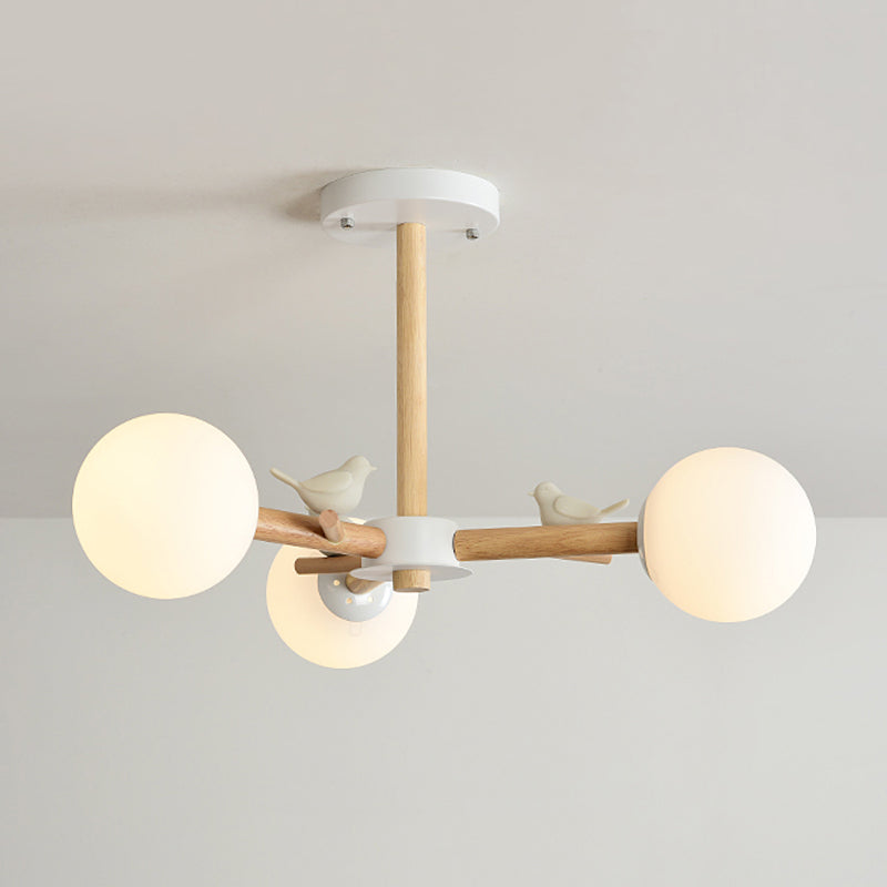 Taavita Wood Glass Orb Shade Bedroom Chandelier in White - Japanese Style Hanging Light