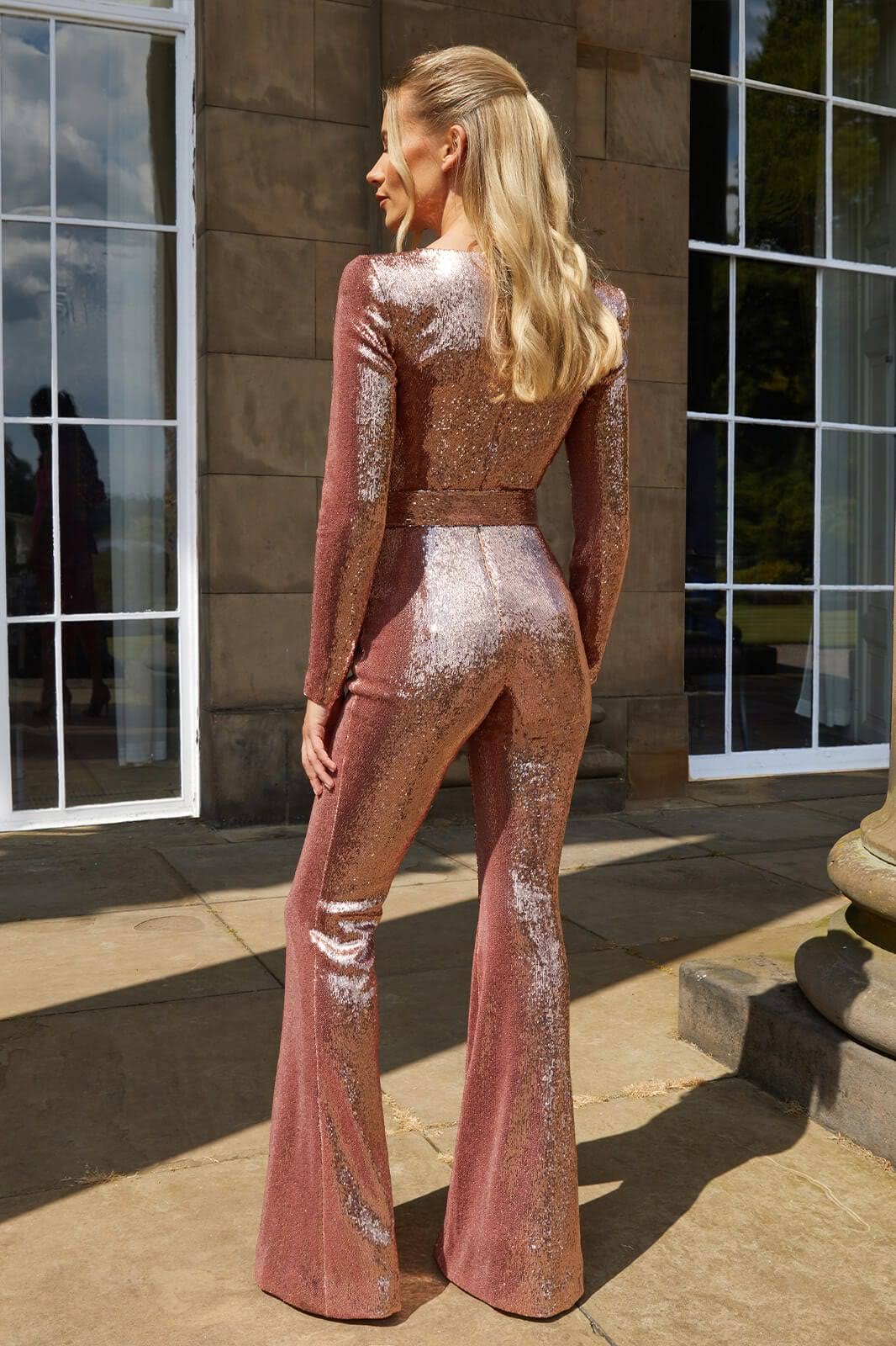 Women’s Jumpsuit | Sequined Long Sleeve with Belt | Flattering Silhouette | Special Occasions