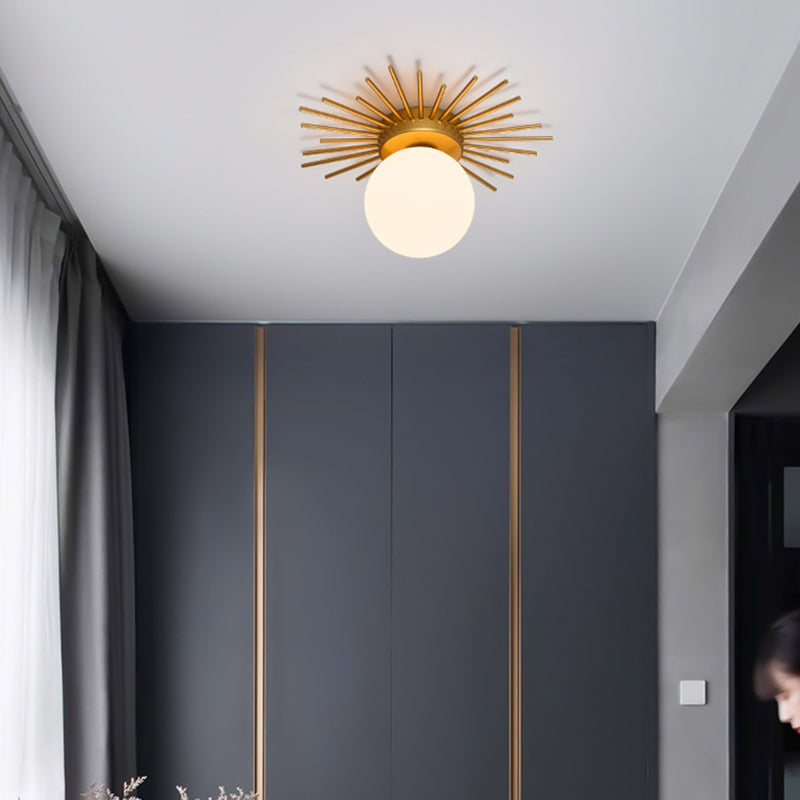 Single-Bulb Flushmount Bedroom Ceiling Light with Postmodern Gold Finish and Ball Cream Glass Shade