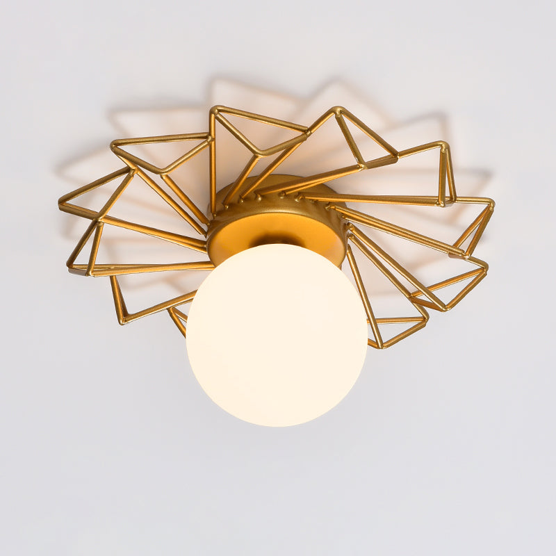 Single-Bulb Flushmount Bedroom Ceiling Light with Postmodern Gold Finish and Ball Cream Glass Shade