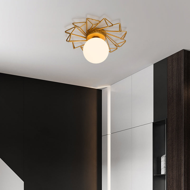 Single-Bulb Flushmount Bedroom Ceiling Light with Postmodern Gold Finish and Ball Cream Glass Shade