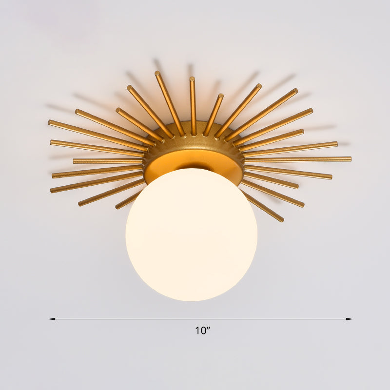 Single-Bulb Flushmount Bedroom Ceiling Light with Postmodern Gold Finish and Ball Cream Glass Shade