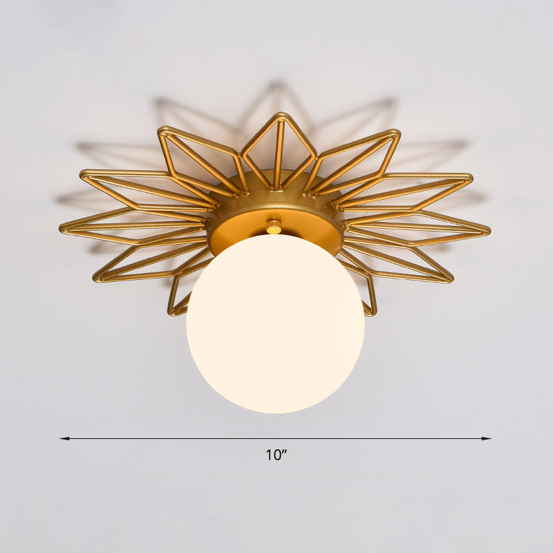 Single-Bulb Flushmount Bedroom Ceiling Light with Postmodern Gold Finish and Ball Cream Glass Shade