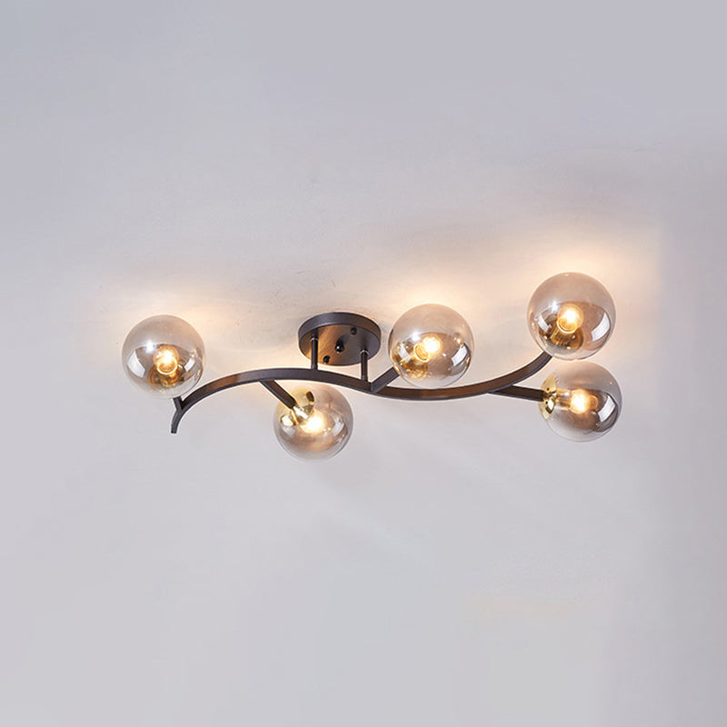 Branch Semi Flush Mount Lighting Postmodern Ball Glass Ceiling Light for Living Room 5 Gold Cognac Clearhalo 'Ceiling Lights' 'Close To Ceiling Lights' 'Close to ceiling' 'Glass shade' 'Glass' 'Semi-flushmount' Lighting' 2462106