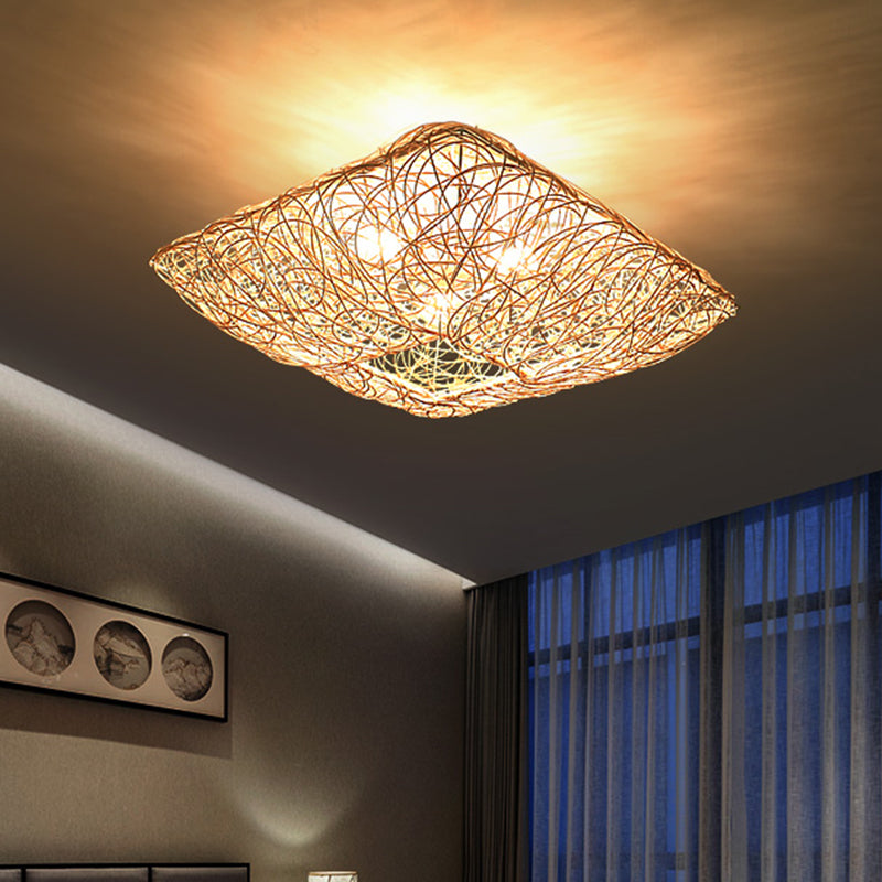 Rattan Square Ceiling Flush Mount Light Minimalist 3-Light Wood Flush Light for Bedroom Clearhalo 'Ceiling Lights' 'Close To Ceiling Lights' 'Close to ceiling' 'Flush mount' Lighting' 2468015
