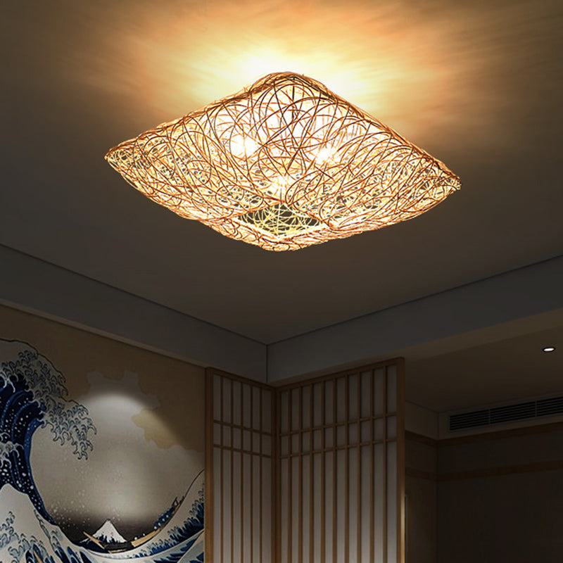 Taavita Square Ceiling Flush Mount Light Minimalist 3-Light Wood Flush Light for Bedroom - Modern Bamboo Design, Various Sizes Available