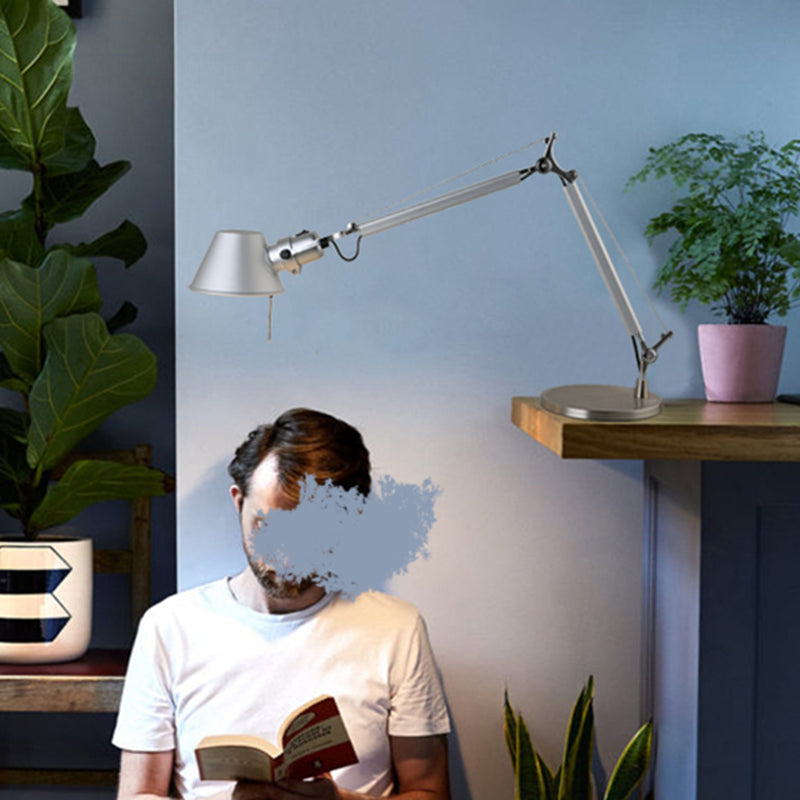 1-Light Industrial Telescopic Table Lamp Metal Reading Book Light with Tapered Shade in Silver by Taavita