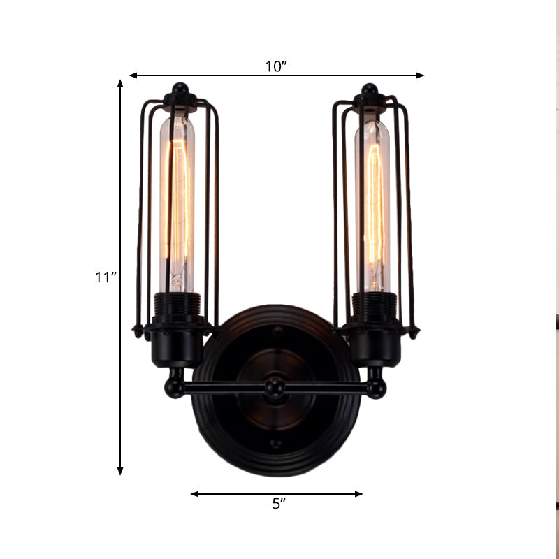1/2-Bulb Linear Cage Light Industrial Black/Rust Metal Wall Lamp for Living Room by Taavita