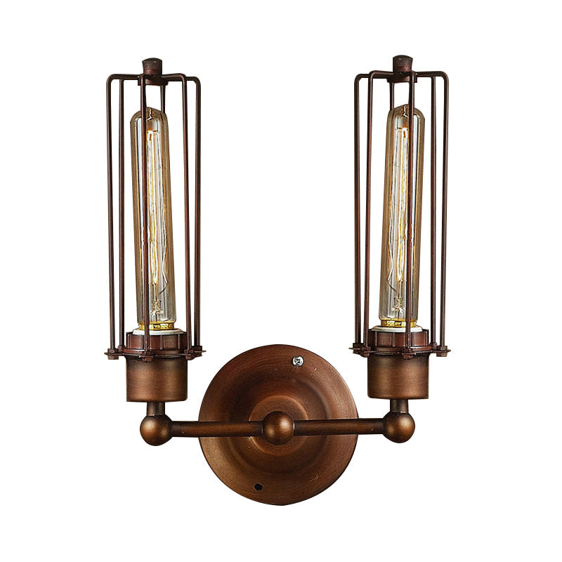 1/2/4-Light Industrial Bronze Wrought Iron Tube Shape Cage Wall Sconce Lighting for Dining Table