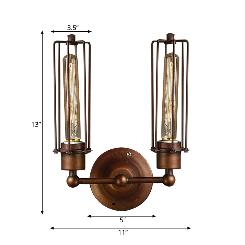 1/2/4-Light Industrial Bronze Wrought Iron Tube Shape Cage Wall Sconce Lighting for Dining Table