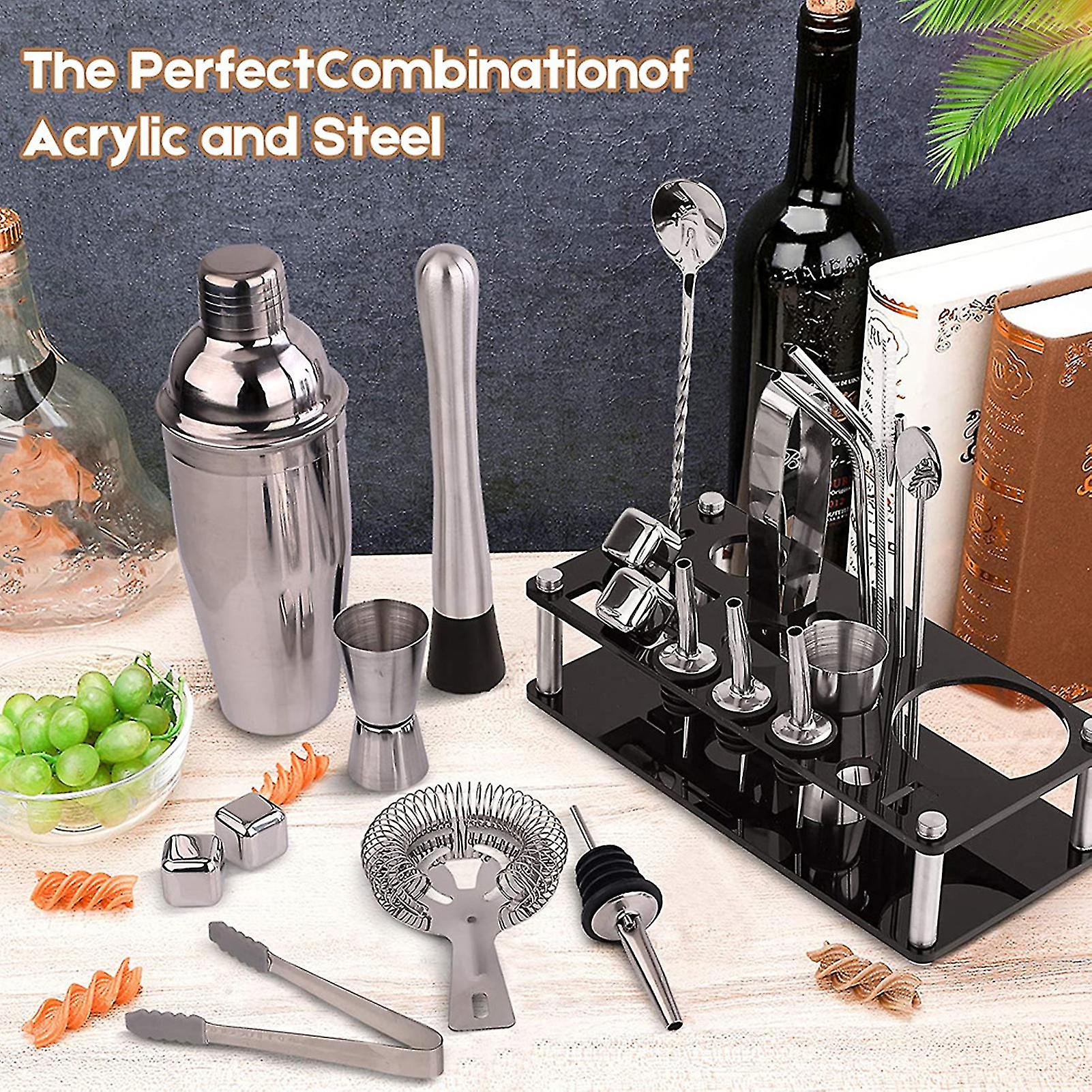23pcs/Set Professional Versatile Bartender Kit Stainless Steel Martini Cocktail Shaker with Stand Bar Accessories