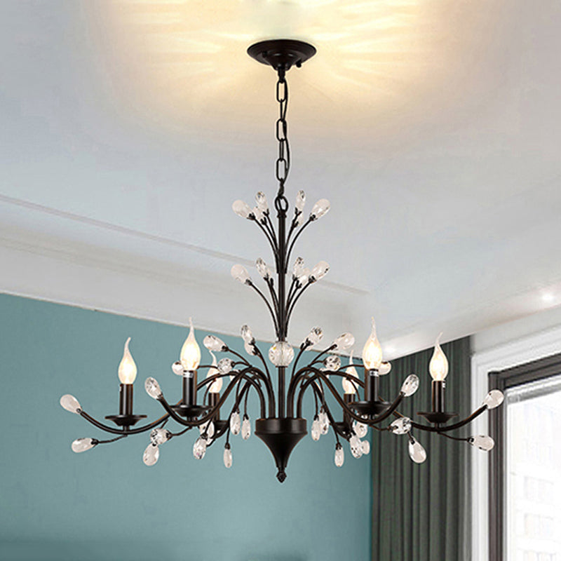 Taavita Exposed Bulb Metal Ceiling Chandelier with 3/6/9 Lights for Living Room Suspension Lighting in Black with Crystal Draping