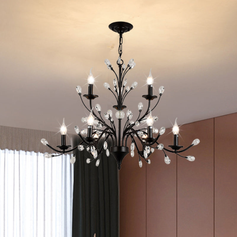Exposed Bulb Metal Ceiling Chandelier Vintage 3/6/9 Lights Living Room Suspension Lighting in Black with Crystal Draping Clearhalo 'Ceiling Lights' 'Chandeliers' Lighting' options 255557
