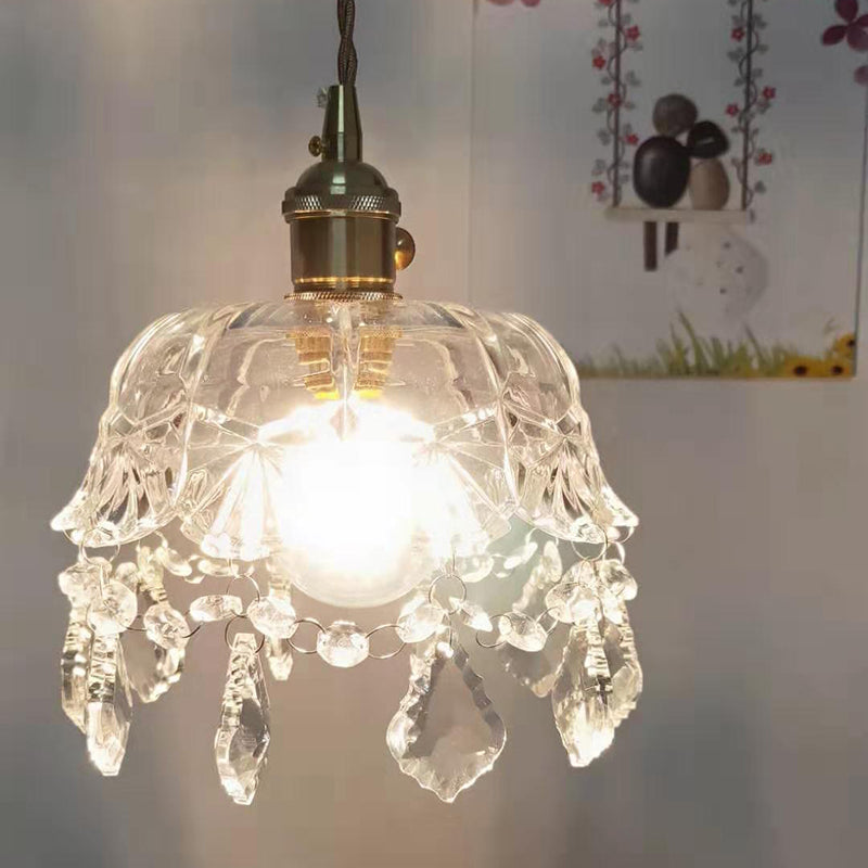 Taavita Flower Shape Shade Ceiling Pendant Lamp Vintage 1 Light Clear Glass Hanging Light with Crystal Pendant, Industrial Style