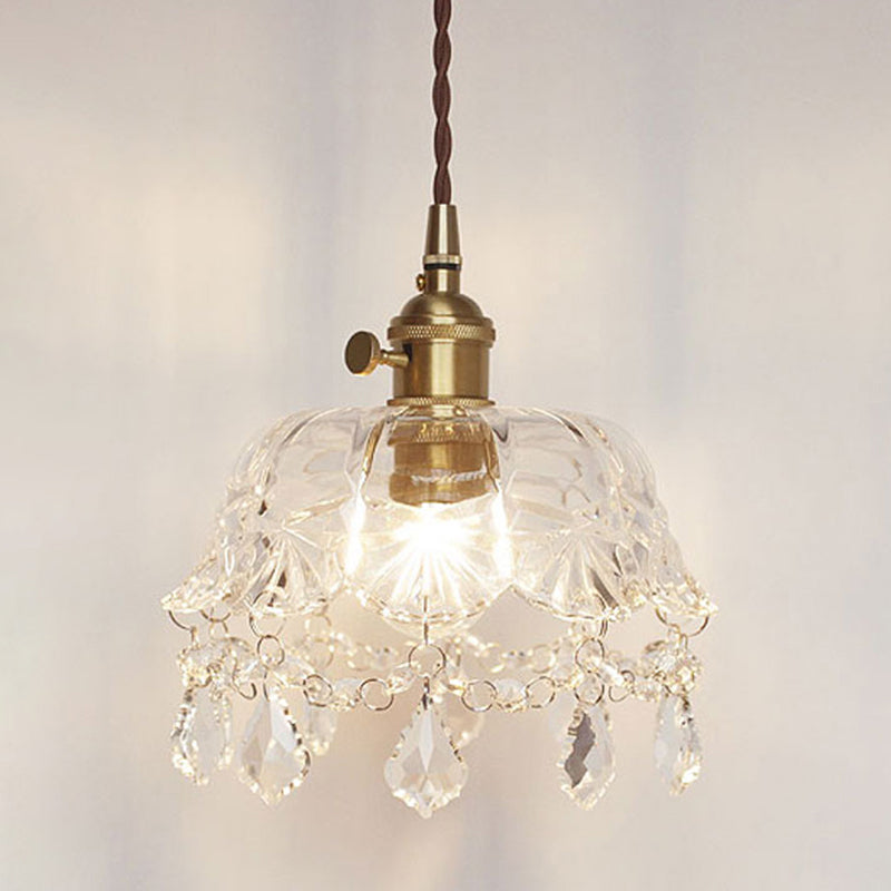 Taavita Flower Shape Shade Ceiling Pendant Lamp Vintage 1 Light Clear Glass Hanging Light with Crystal Pendant, Industrial Style