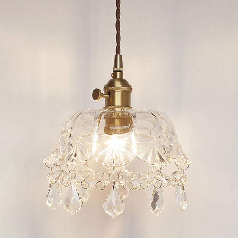 Taavita Flower Shape Shade Ceiling Pendant Lamp Vintage 1 Light Clear Glass Hanging Light with Crystal Pendant, Industrial Style