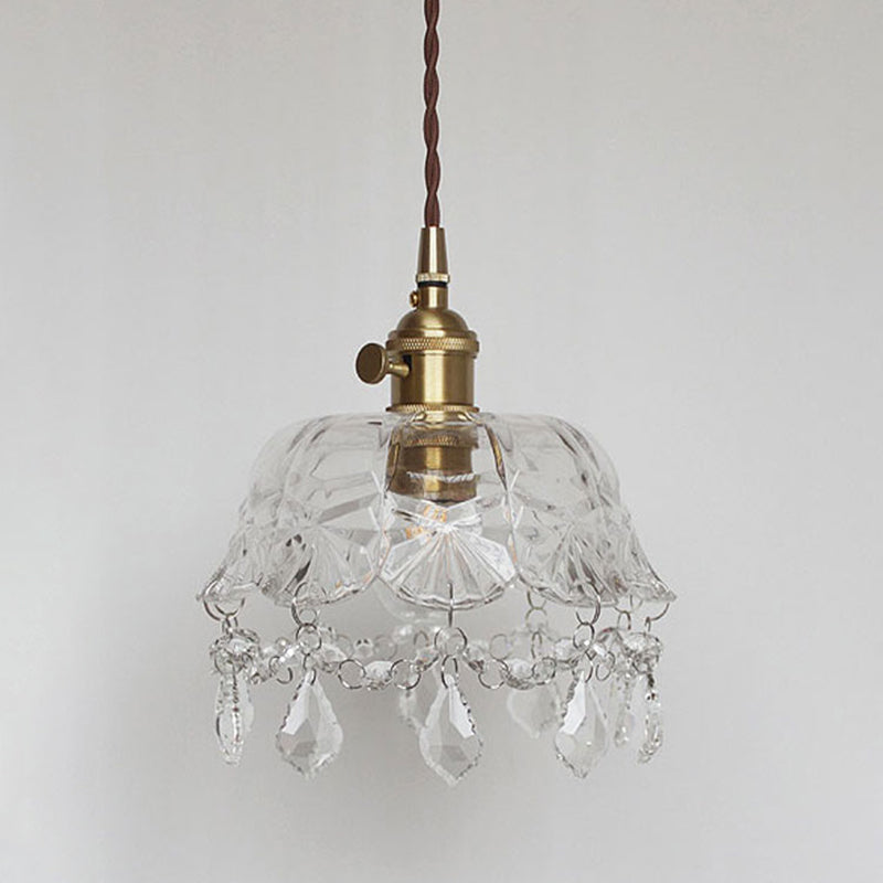 Taavita Flower Shape Shade Ceiling Pendant Lamp Vintage 1 Light Clear Glass Hanging Light with Crystal Pendant, Industrial Style