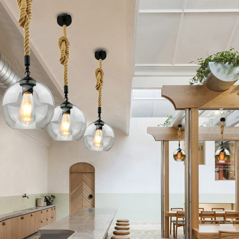 Rustic Globe Glass Shade Hanging Light Vintage Industrial Hemp Rope Pendant Light for Kitchen Foyer Taavita