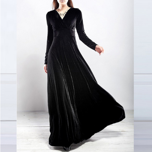 Women’s Velvet V-Neck Wrap Dress | Long Sleeve & Floor-Length | Adjustable Fit & Comfortable Design