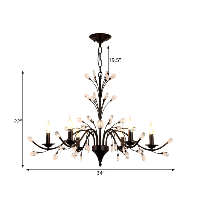 Taavita Exposed Bulb Metal Ceiling Chandelier with 3/6/9 Lights for Living Room Suspension Lighting in Black with Crystal Draping