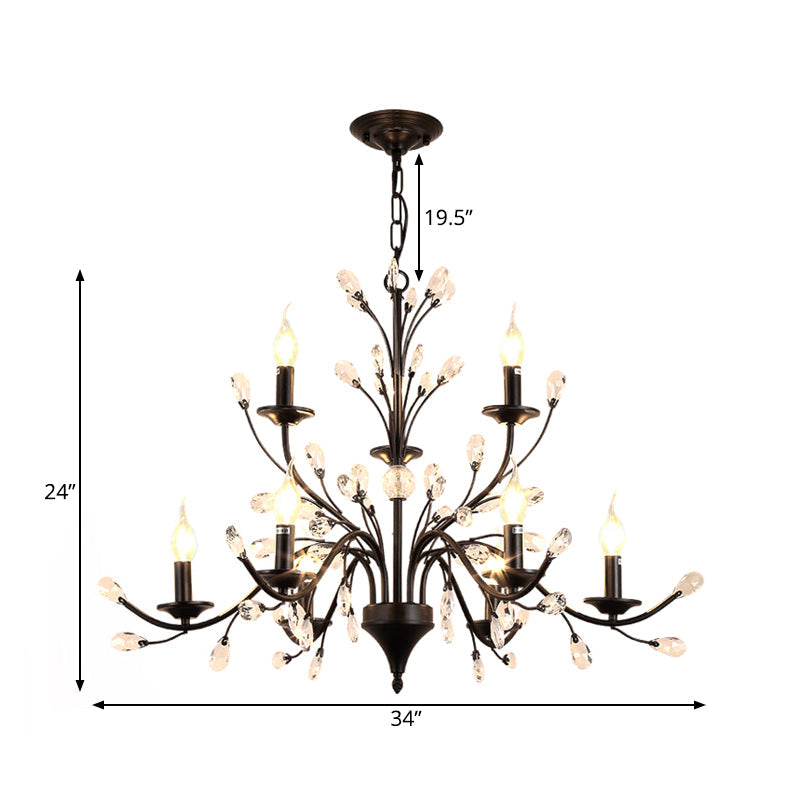 Taavita Exposed Bulb Metal Ceiling Chandelier with 3/6/9 Lights for Living Room Suspension Lighting in Black with Crystal Draping