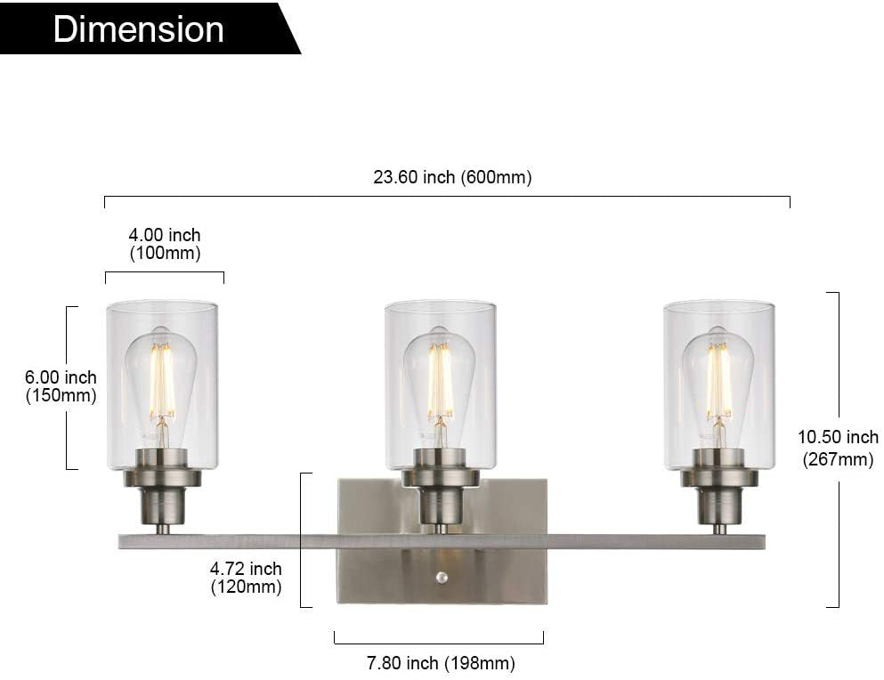 Taavita 3-Light Cylinder Bathroom Wall Lights Retro Industrial Style Glass Vanity Light